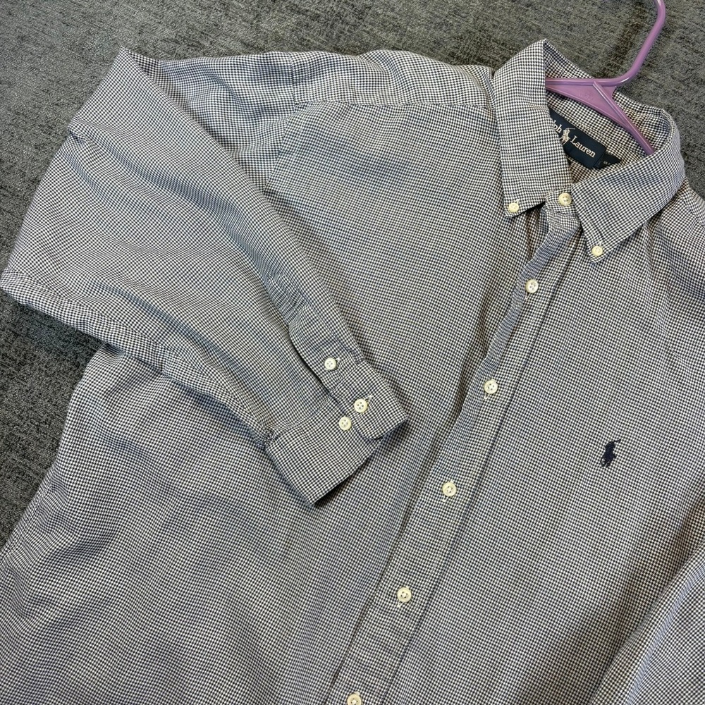 Ralph Lauren Button Down Shirt Mens 16.5 34/35 Navy Houndstooth Yarmouth Cotton